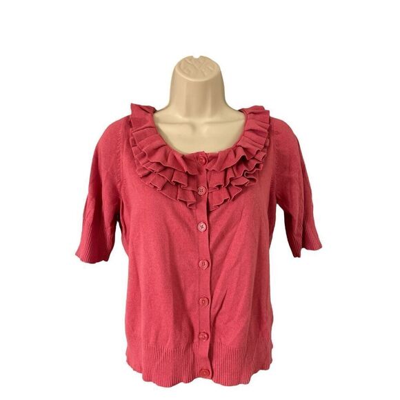 Worthington Women's Graceful Rose Ruffle Neck Cardigan Size Petite Medium - Picture 3 of 9